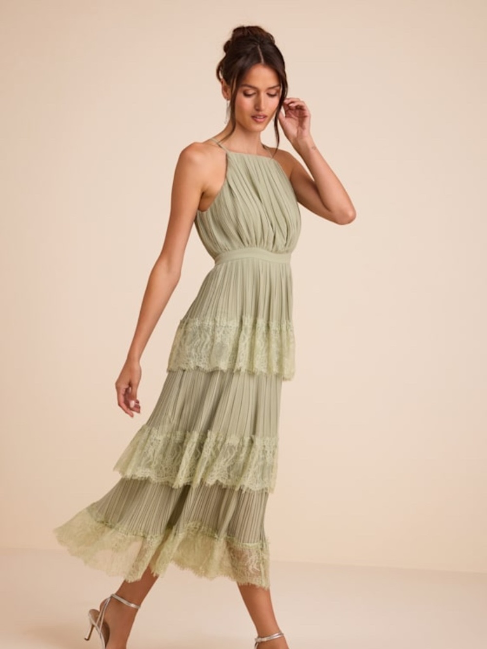 Lulus Came For Cocktails Sage Green Pleated Tiered Lace Maxi Dress - Size XL